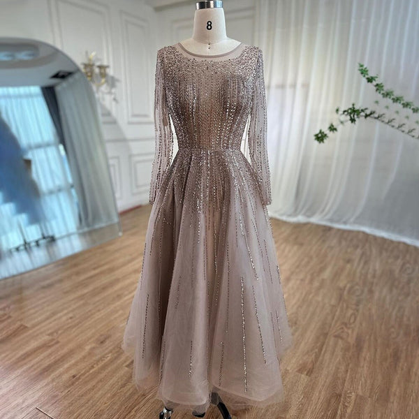 Serene Hill Muslim Luxury Beaded Caramel A-Line Midi  Ankle-Length Evening Dresses Gowns 2025 Formal Woman Wedding Party LA71111