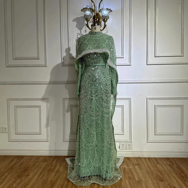 Luxury Dubai Muslim Mermaid Long Cape Evening Dresses Pearls Beaded Gowns For Formal Occasion  LA72032MP