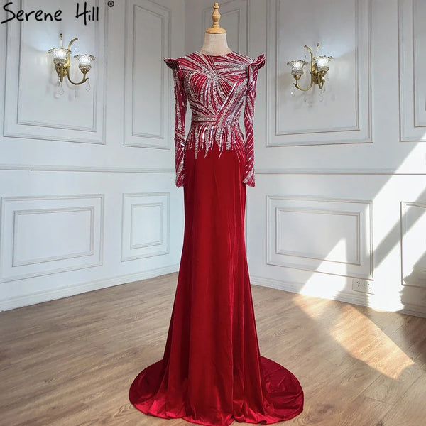 Serene Hill Muslim Mermaid Wine Red Evening Dresses Gowns 2025 Beaded  Elegant Velour For Women Party LA71449