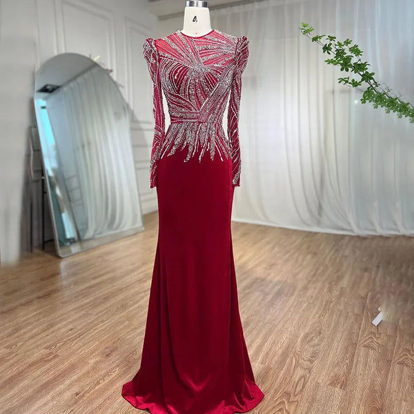 Serene Hill Muslim Mermaid Wine Red Evening Dresses Gowns 2025 Beaded  Elegant Velour For Women Party LA71449