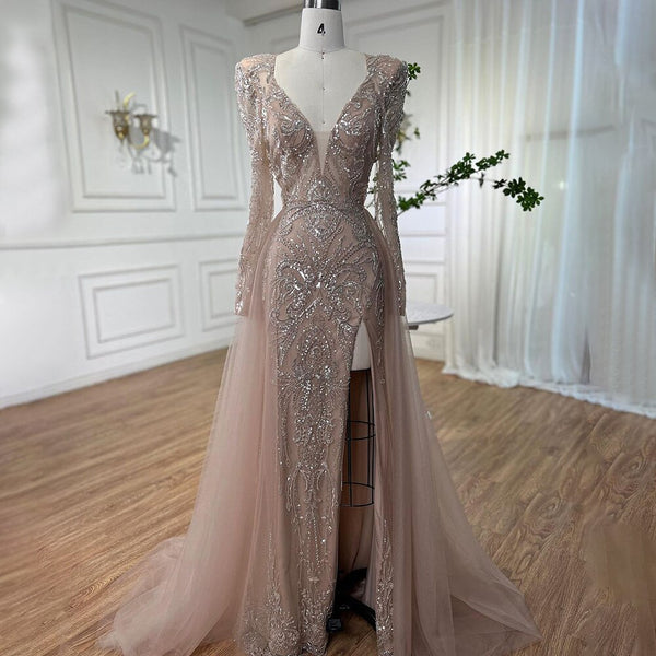 Serene Hill Muslim Nude Elegant Merma V-Neck Beaded Luxury Evening Dresses Gowns 2025 For Women Wedding Party LA72141