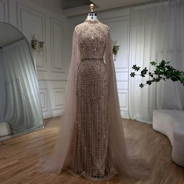 Luxury Muslim Dubai Nude Pearls Mermaid Evening Dress With Long Sleeves Cape LA72372