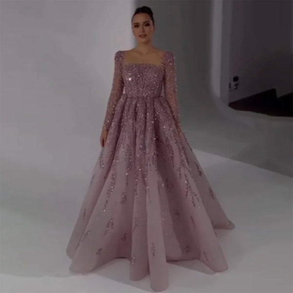 Dusty Pink Long Sleeves Dubai Luxury Evening Dresses  Gowns For Party LA71915