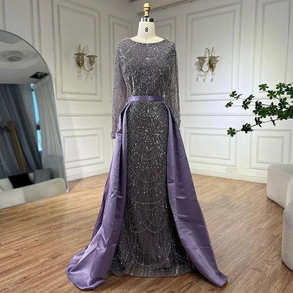 Serene Hill Muslim Purple Mermaid Beaded Pearls Evening Gown with Detachable Overskirt for Women | Wedding Party 2025 LA72032E