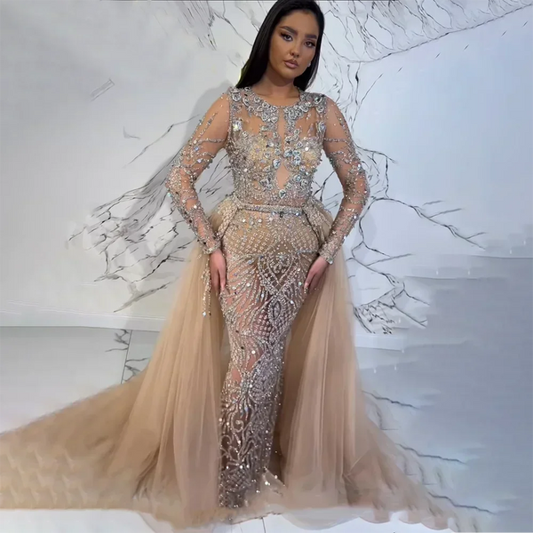 Serene Hill Muslim Silver Nude Mermaid Gown with Detachable Overskirt Beaded Evening Dress for Women Wedding Party  LA71919