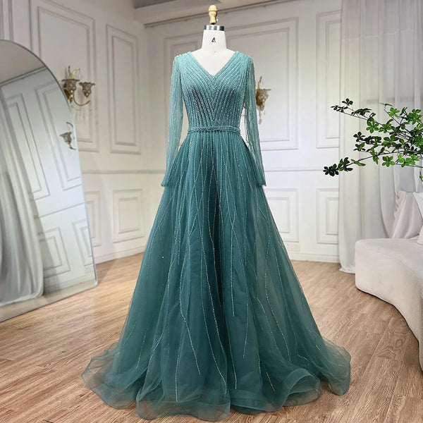 Serene Hill Muslim Turquoise Elegant A Line Luxury Dubai Evening Dresses Beaded Formal Dress 2025 LA72228