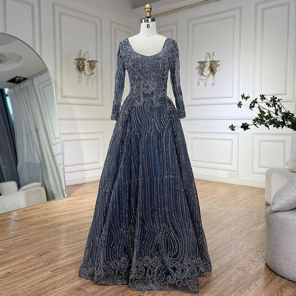 Serene Hill Muslim Grey Blue Overskirt Luxury Dubai Evening Dresses 2025 Elegant A Line Beaded For Women Party LA70773A