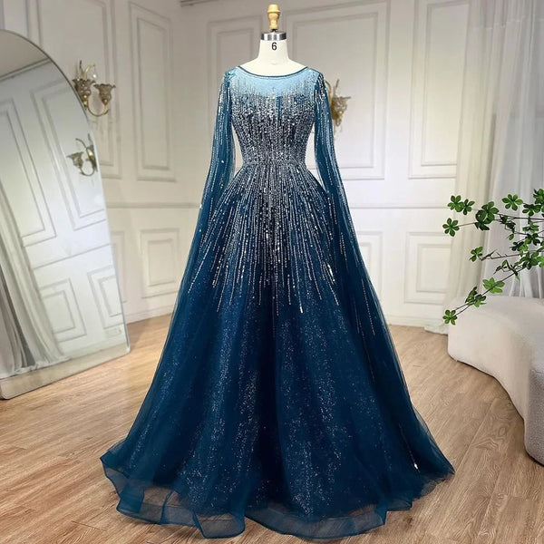 Luxury  Blue  A-Line Evening Dresses with Cape Sleeve LA72248A