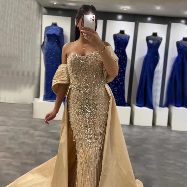 Luxury Dubai Nude Beaded Mermaid Evening Gown Off Shoulder Shawl Crystal Detailing for Formal Occasion   LA72819