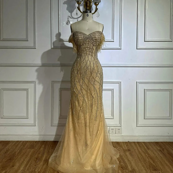 Luxury Dubai Nude Beaded Mermaid Evening Gown with Feathered Detail for Formal Occasion   LA72818