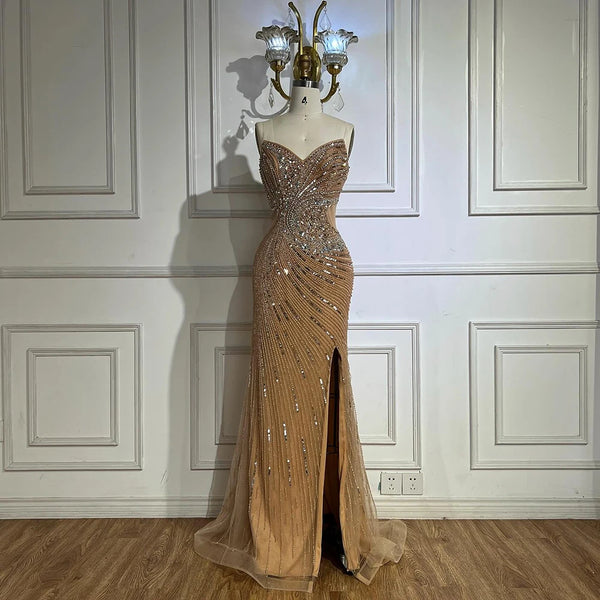 Luxury Dubai Nude Beaded Mermaid Evening Gown with High Split for Formal Occasion LA72904