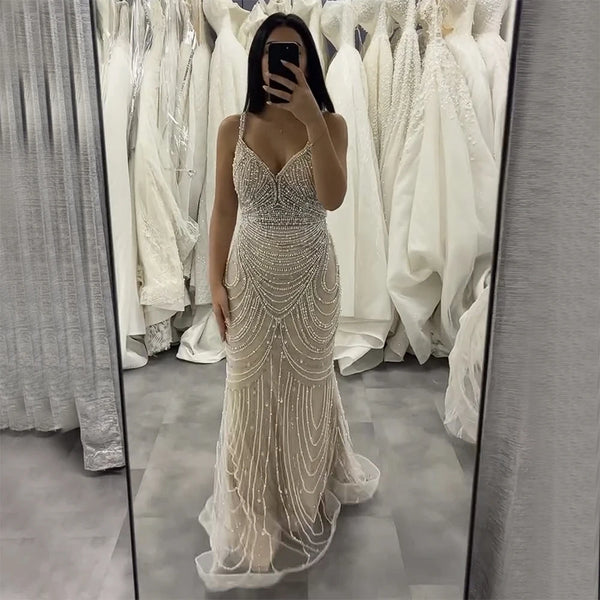 Nude Beaded Saudi Arabic Evening Gown with Spaghetti Straps for Formal Occasion LA72253A