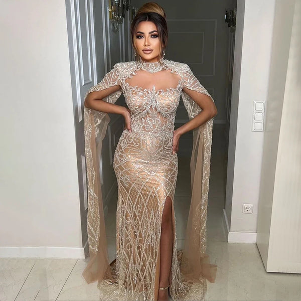 Serene Hill Nude Mermaid Elegant High Collar Cape Sleeves Luxury Beaded Evening Dresses Gowns 2025 For Women Party LA71747