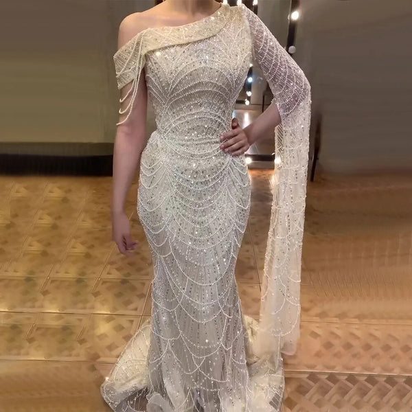 Nude Mermaid One Shoulder Pearls Beaded Luxury Evening Dress Gown LA72139