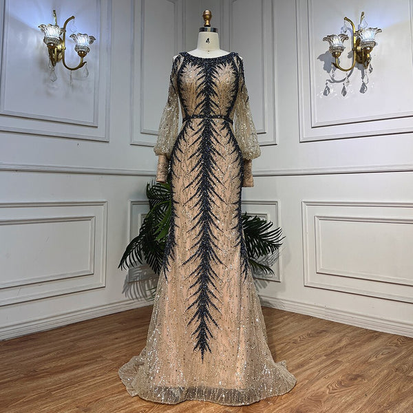 Serene Hill Nude O-neck Long Sleeves Cold Shoulder Evening Dresses Mermaid Beaded Party Gowns For Women LA72008