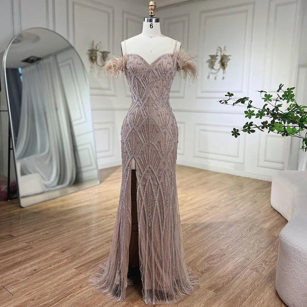 Nude Mermaid Luxury Feathers Evening Dresses for Wedding Party LA72028A