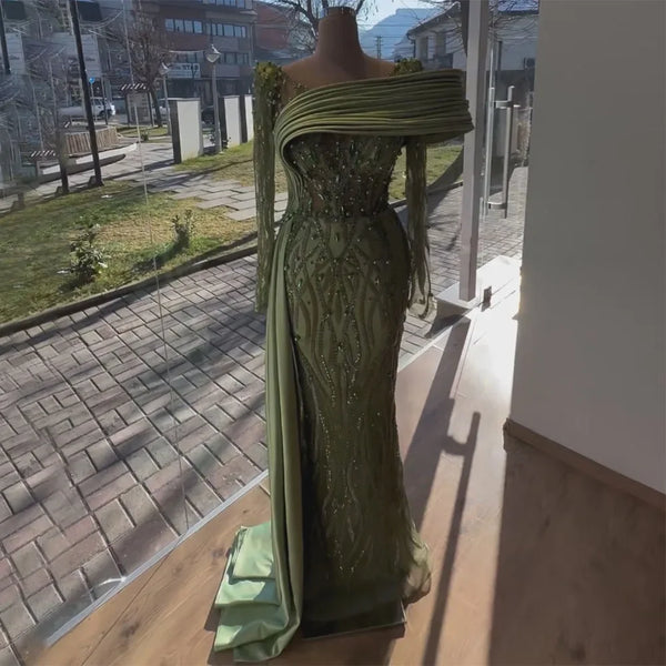 Luxury Olive Green Beaded Mermaid Evening Dress with Pearls LA72396