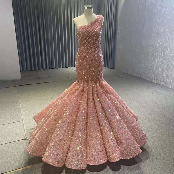 Serene Hill PeachOne Shoulder Lace Up Sequined Beaded Luxury Mermaid Bride Gowns Wedding Dress 2025 High End Custom Made HM67447