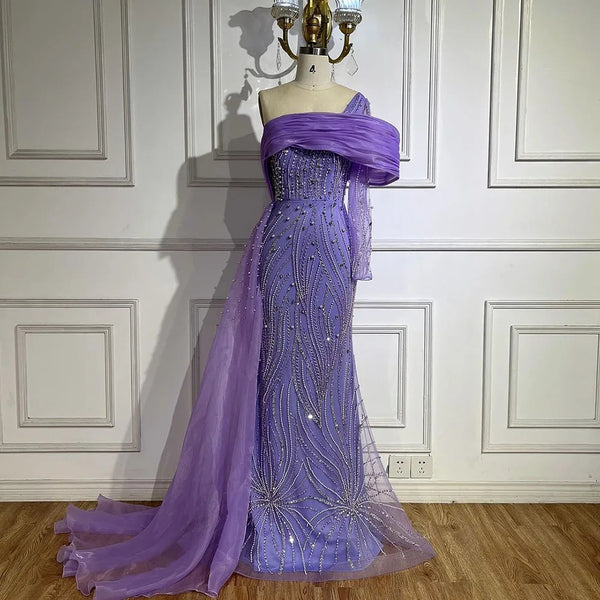 Serene Hill Purple Arabic Evening Dress Side Train Pearls One Shoulder for Women's Formal Prom Wedding Party Gowns 2025 LA72332A