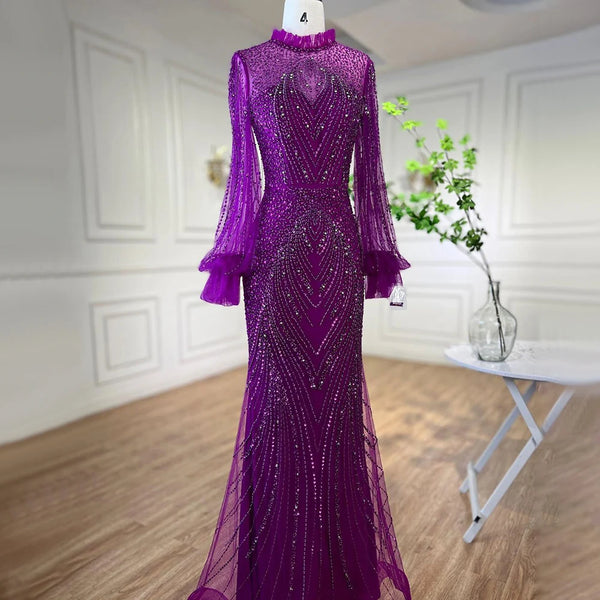 Serene Hill Purple Mermaid Elegant High Neck Evening Dresses Gowns  Long Sleeves Beaded Luxury For Women Party LA71690