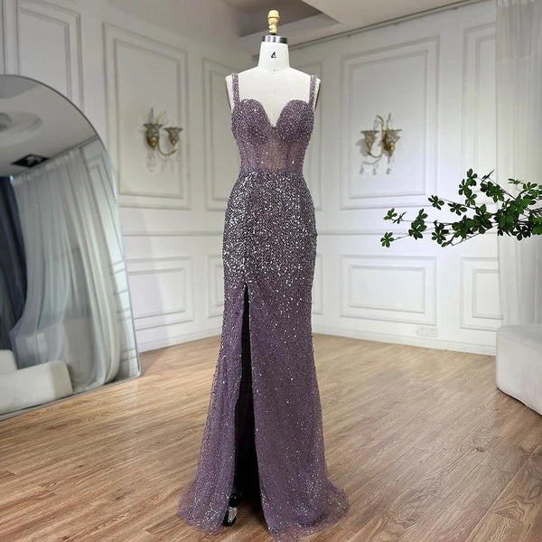 Serene Hill Purple Spaghetti Straps Mermaid Beaded Party High Split Evening Dresses Gowns for Woman Wedding Party 2025 LA72454