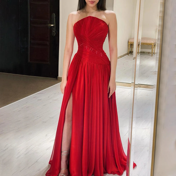 Serene Hill Red Chiffon Elegant Srapless with Split Evening Dress Luxury Dubai Arabic Women Wedding Prom Party Gowns 2025 LA72537