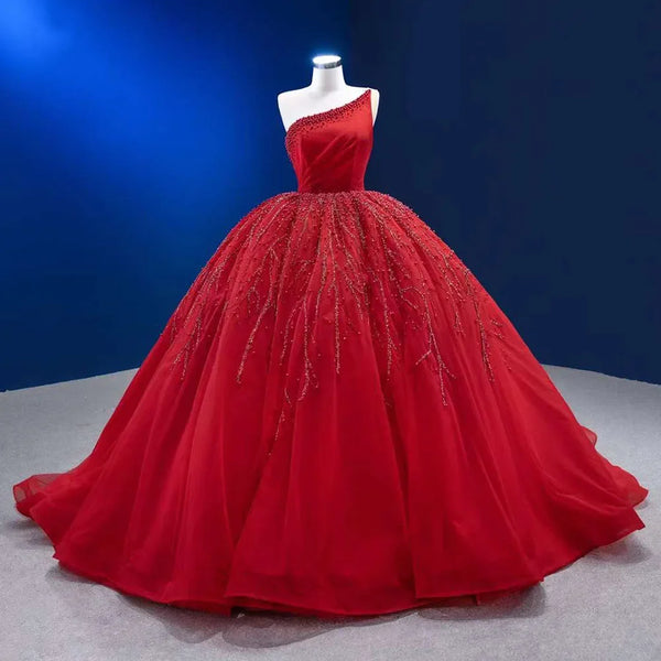 Serene Hill Red Elegant One Shoulder Lace Up Pearls Beaded Luxury Bride Gowns Wedding Dress 2025 High End Custom Made HM222191