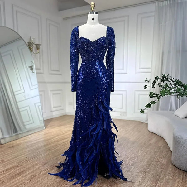 Serene Hill Royal Blue Mermai Sparkle Beaded Luxury Long Evening Dresses Gowns Beaded Feathers for Women Party 2025 LA72387