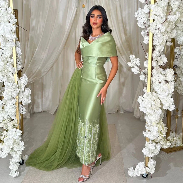 Serene Hill Sage Green Satin One-Shoulder Beaded Mermaid Tea-Length Evening Gown for Women - Wedding Party  LA72194