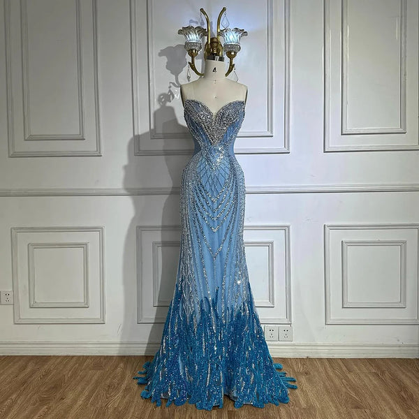 Luxury Dubai Saudi Arabic Blue Mermaid Evening Dresses Gowns Beaded For Formal Occasion LA72901