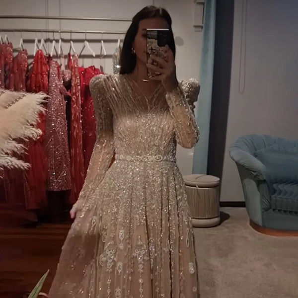 Luxury Dubai Saudi Arabic Luxury Nude A-Line Beaded Evening Dress Gown for Formal Occasion  LA71803D