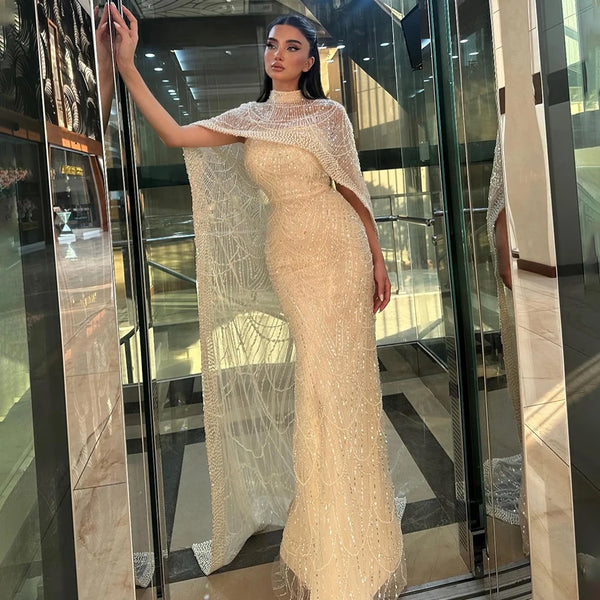 Luxury Dubai Saudi Arabic Nude Mermaid Long Cape Luxury Evening Dresses Gowns For Formal Occasion LA72032P