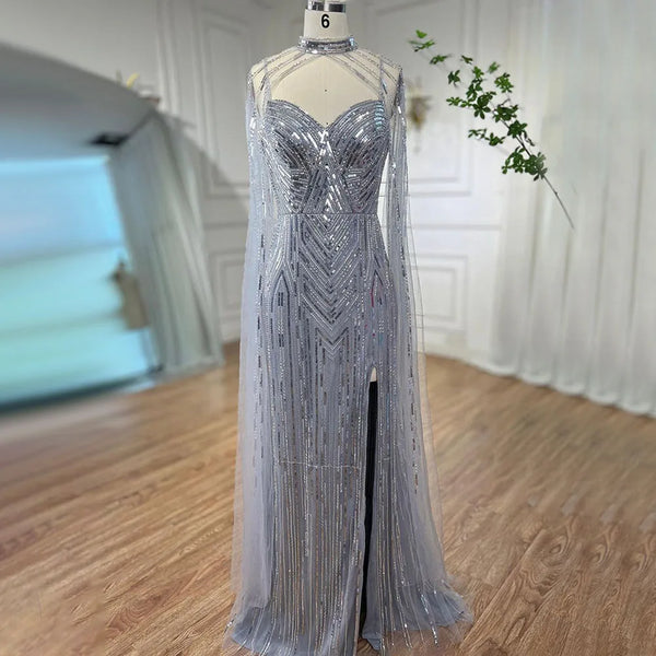 Serene Hill Silver Cape Sleeves Mermaid High Split Beaded Evening Dresses Long Celebrity Gowns For Woman Party 2025 LA72137