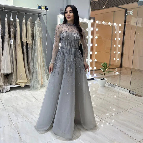 Serene Hill Silver Luxury Sexy Evening Dresses Gowns A-Line Beaded Crystal Lace Up 2025 For Women Party LA71227