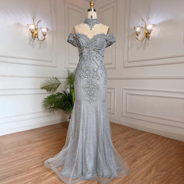 Serene Hill Silver Mermaid Luxury Evening Dresses Gowns Pearls Beaded Elegant For Woman Wedding Party LA71870