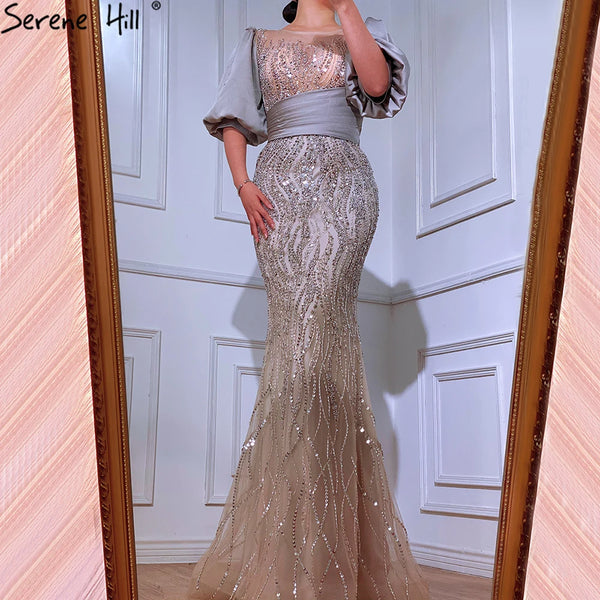 Serene Hill Silver Nude Luxury Mermaid  Beaded Evening Dresses Gowns  Puffy Sleeves Elegant For Women Party  LA70809