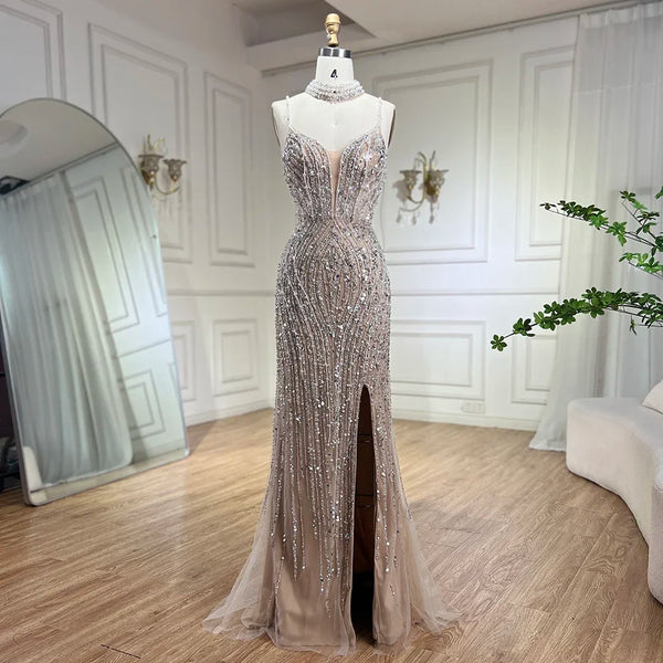 Serene Hill Silver Nude Mermaid Spaghetti with split Strap Beaded Evening Dresses Prom Gowns For Woman Party 2025 LA72047B