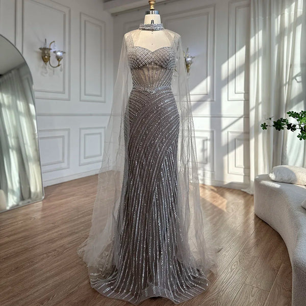 Luxury Dubai Spaghetti Strap Long Nude Mermaid  Beaded  Cape With Sleeves Evening Dresses Gowns  LA72860