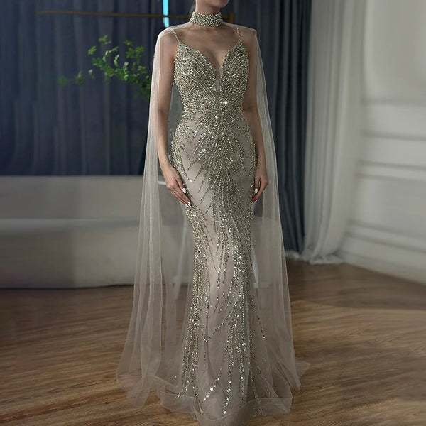 Luxury Dubai Spaghetti Strap Long Cloak Mermaid Caramel Beaded  Luxury Evening Dresses Gowns for Women's Party  LA72768