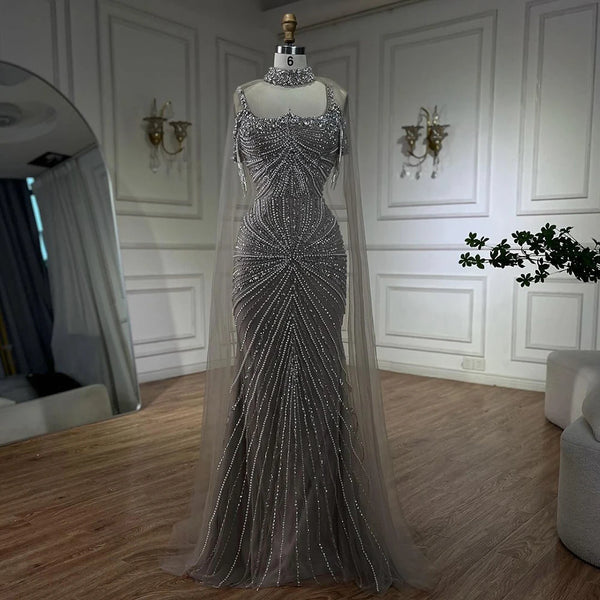 Luxury Tassel Champagne Mermaid Evening Dress with Cape LA72587