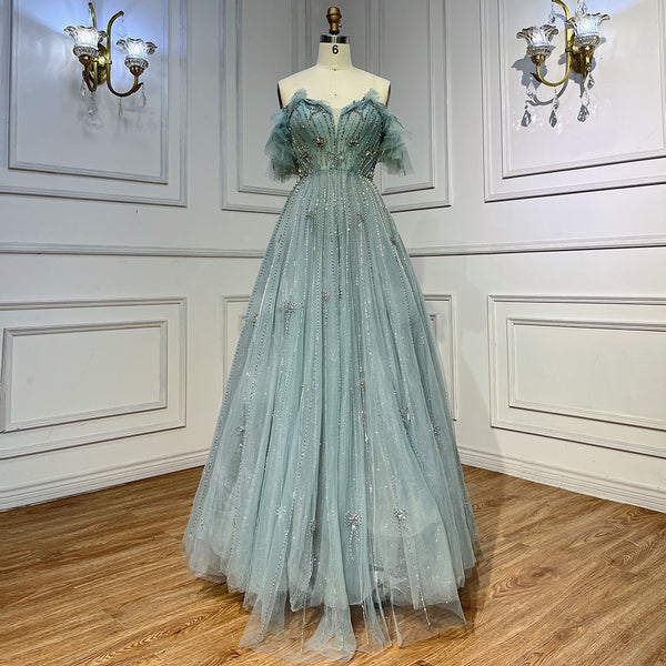 Serene Hill Turquoise Arabic A Line For Wedding Long Luxury 20253 Hand Made Beaded Formal Prom Dress Party Gown LA72064