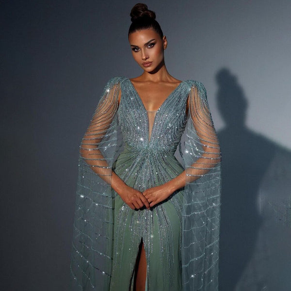 Serene Hill Turquoise Cape Sleeves Luxury Beaded Mermaid High Split Evening Dresses For Women Wedding Party Gowns 2025  LA72089