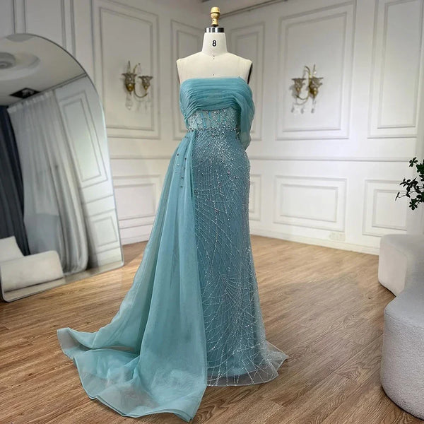 Serene Hill Turquoise Luxury Evening Dress Side Train Pearls One Shoulder for Women's Formal  Wedding Party Gowns LA72523