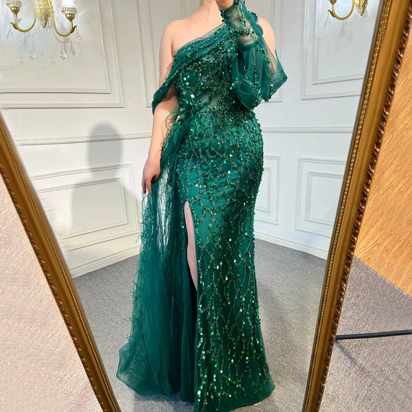 Luxury Dubai Turquoise Mermaid Overskirt Evening Dresses Gowns  Luxury Beaded Elegant For Women Party LA71466