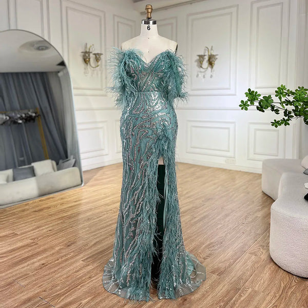 Serene Hill Turquoise Spaghetti Strap High-Split Mermaid Beaded Feathers Evening Gown for Women Wedding Party 2025 LA72602