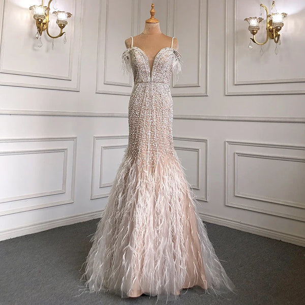 Luxury Feathers White Nude Prom Evening Dresses LA71656