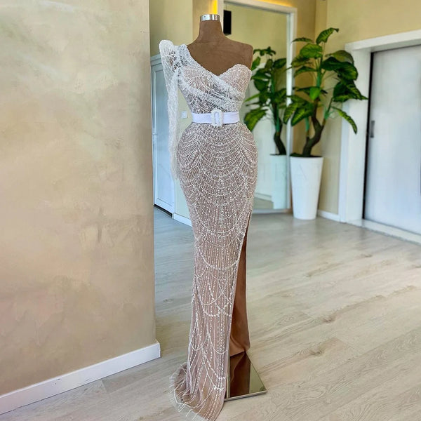 Serene Hill White Nude Mermaid One Shoulder High Split Beaded Luxury Evening Dresses Gowns For Women Wedding Party  LA72269
