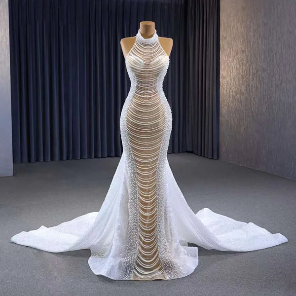 Serene Hill White champagne Mermaid Lace Up Luxury Pearls Beaded Bride Gowns Wedding Dress 2025 High End Custom Made HM231033