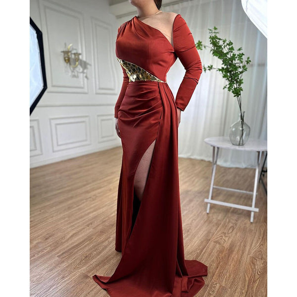 Serene Hill Wine Red Mermaid High Split Satin Evening Dresses Gowns 2025 Elegant O Neck For Women Party LA71285A