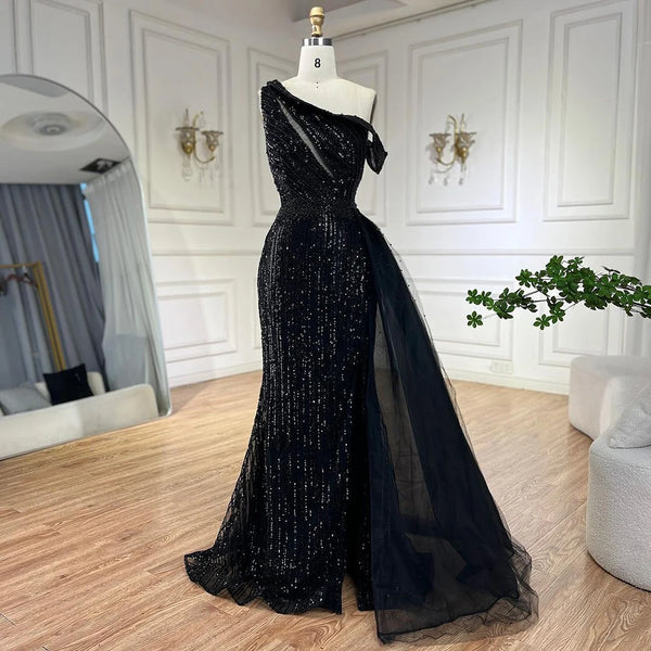 Serene Hill Yellow One Shoulder Black High Split Mermaid Beaded Evening Dresses Gowns for Women Wedding Party 2025 LA72424